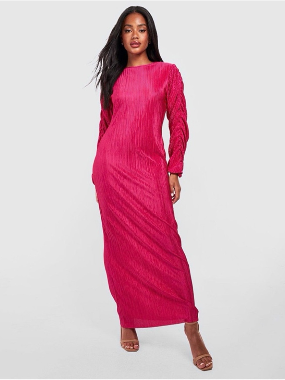 NWT Boohoo Hot Pink Plissé Ruched Sleeve Maxi Dress Size 4 Long Sleeve